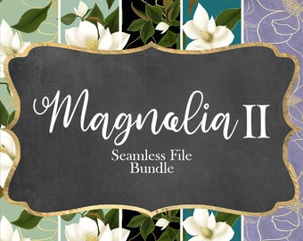 Op de afbeelding: Een digitale download van naadloze patronen met witte magnolia bloemen op verschillende achtergründen, waaronder zwart, teal en paars. De tekst "Magnolia II Seamless File Bundle" wordt weergegeven op een schoolbord.