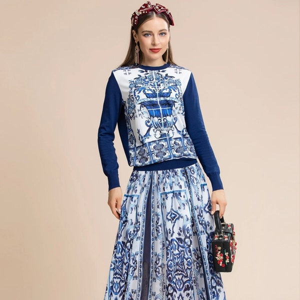 DOLCE VITA SET, Vacation Dress, Blue & White Dress, Italian Dress, Dolce Vita Style Dress, Blue Floral Print Crop Top W Skirt Italian Style