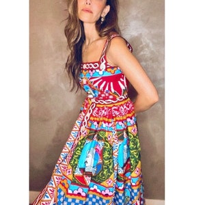 DOLCE CAPRI DRESS, Blue Buttun Up Poplin Maxi, Summer Maxi, Red Summer Dress, Italian Print Dress, Dolce Vita Style Dress, Dolce Print Maxi