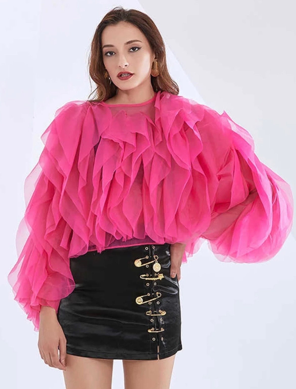 TULLE RUFFLE BLOUSE Hot Pink Mesh Jacket Puffer Cape - Etsy