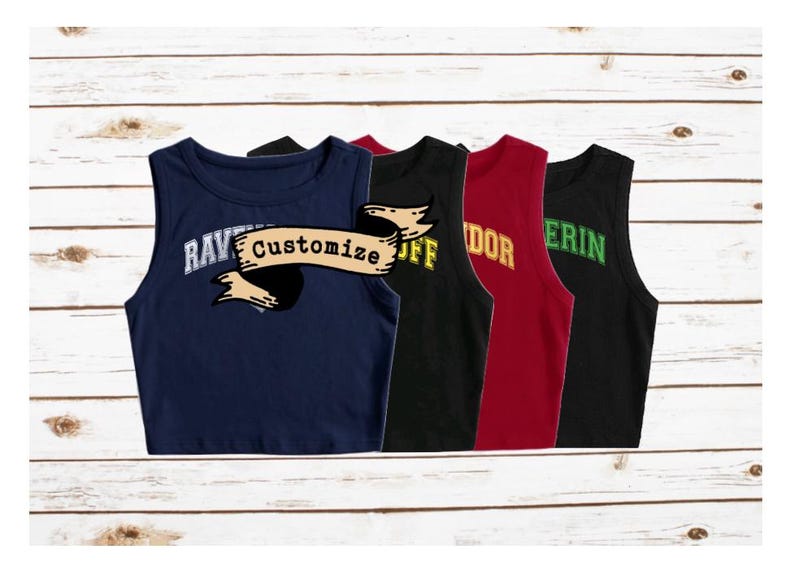 May include: Four sleeveless crop tops in different colors with a banner across the front that says "Customize". The tops are navy blue, black, red, and black with a green design.
