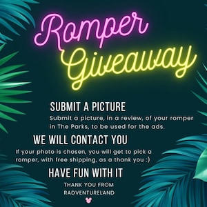 Puede incluir: Gr&aacute;fico promocional para un sorteo de rompers. La imagen presenta flores y follaje tropicales con el texto "Romper Giveaway" en colores ne&oacute;n. El texto anima a los usuarios a enviar una foto de su romper.