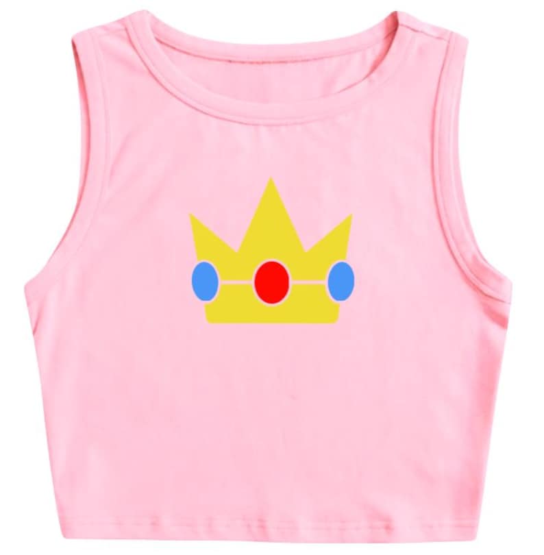 May include: A light pink crop top with a yellow crown graphic. The crown has a red gem in the center and blue gems on either side. The top is sleeveless with a round neckline.