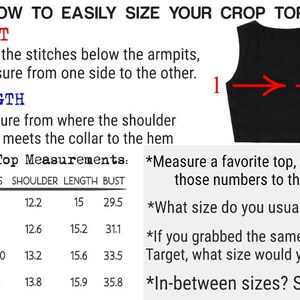 May include: Black crop top with sizing instructions. Text reads "HOW TO EASILY SIZE YOUR CROP TOP!" with measurements for bust, shoulder, and length in inches. Includes a size chart with US sizes S-XL.