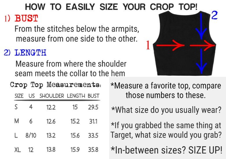 May include: Black crop top with sizing instructions. Text reads "HOW TO EASILY SIZE YOUR CROP TOP!" with measurements for bust, shoulder, and length in inches. Includes a size chart with US sizes S-XL.