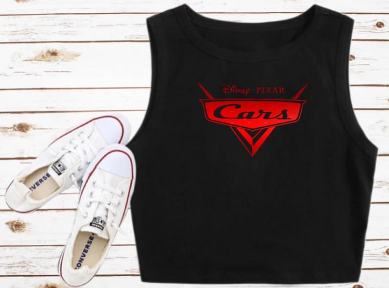 Cars Pixar Crop Tank Crop Tank Disneyland Radiator Springs Disney Shirt Disney Crop Tank Top Lightning McQueen Mater Black with Red Print
