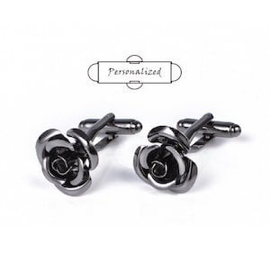 Personalized rose cufflinks, wedding rose cufflinks, Valentine&#39;s day rose cufflinks, initial engraved wedding anniversary cufflinks