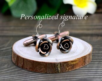 Personalized rose cufflinks, Valentine&#39;s day rose cufflinks, initial engraved cufflinks, wedding commemorative gifts, wedding cufflinks