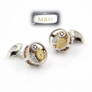 Steampunk Cufflinks,Vintage Watch Movement Cuff Links,Wedding Gift,Anniversary Present and  Custom Engraved Silver cufflinks