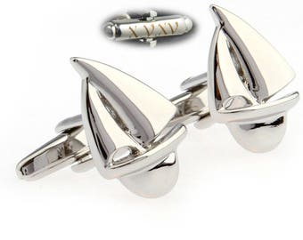 Customized Sailboat Cuff Link,Gifts For Men,Date and Initials Cufflinks,Mens Personalized, Nautical Accessories, Pirate Ship Cufflinks