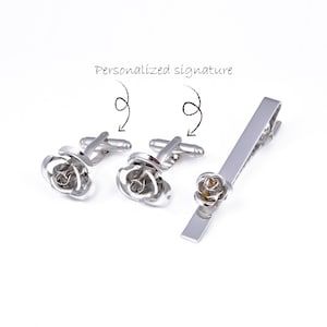 Personalized initial silver rose cufflinks Valentine&#39;s day rose tie clip Wedding cufflinks Wedding anniversary gift, best man gift