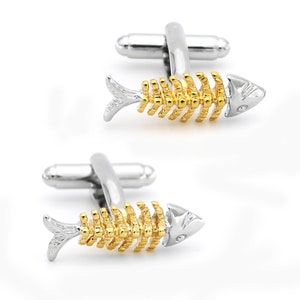 Fun Pictogram Gold and Silver Fishbone Cufflinks / Small Fish Cufflinks / Personalized Name Cufflinks / Wedding Anniversary Cufflinks