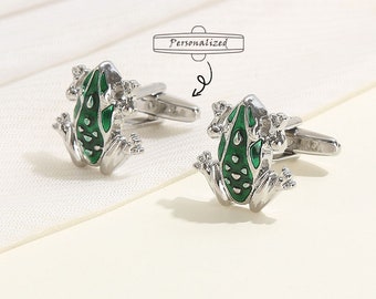 Silver Frog Cufflinks | Personalized Engraving | Handmade Fashion Men's Accessory | Perfect Gift Wedding Cufflinks-Green Ename