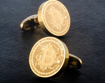 Gold Bitcoin Cufflinks | Gold Plated Bitcoin Cufflinks | Crypto Currency Cufflinks | Bitcoin Gift | Personalized name cufflinks