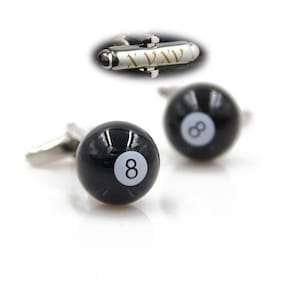 Bolas de piscina Cufflinks, Negro Número Ocho Botones, 8 Cufflinks de Bolas, Cufflinks de esmalte, Cufflinks de Snooker, Cufflinks de bolas de billar y nombre grabado