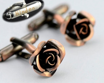 Boutons de manchette roses personnalisés pour hommes, boutons de manchette roses de la Saint-Valentin, lettre initiale sculptant les boutons de manchette d'anniversaire de mariage de la Saint-Valentin