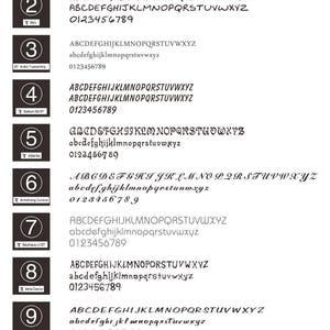 May include: A chart with ten different fonts, each with a number from 1 to 10, the font name, and the alphabet in uppercase and lowercase, as well as the numbers 0 through 9.