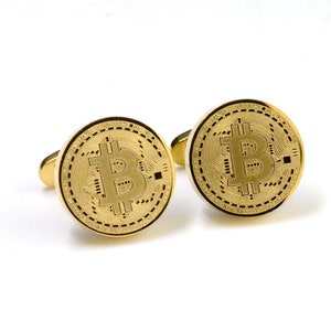 Gold Bitcoin Cufflinks | Gold Plated Bitcoin Cufflinks | Crypto Currency Cufflinks | Bitcoin Gift | Personalized Name Cufflinks