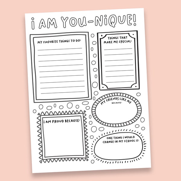 I am You-nique! Printable, I am Unique, About Me, Kids Worksheet, Kids Encouragement, What Makes Me Special, My Favorite Things, Unique Kids