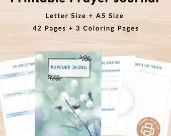 May include: Printable prayer journal with a soft blue and green floral background. The journal includes 42 pages and 3 colouring pages. The cover features the text "My Prayer Journal" in a black frame.