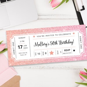 Pink Glitter Ticketeinladung, Geburtstagseinladung, Ereigniseinladung, Bearbeitbare Ticketeinladung, Bearbeitbare Einladung, Pink Glitter,