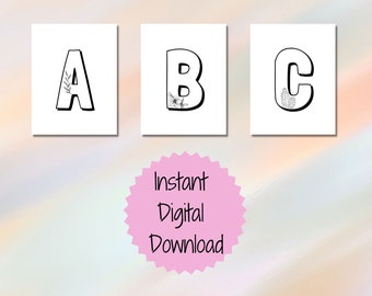 Printable Alphabet Letters, Botanical Alphabet, Floral letter coloring pages, Alphabet Decor, Alphabet wall art