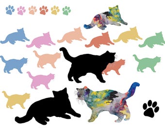 Clip Art ensemble de 23 chats vecteur chat aquarelle chat Halloween chat