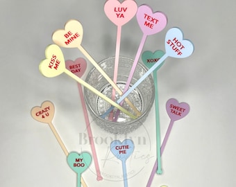 Pack of 12 Valentine's Stirrers | Conversation Candy Hearts | Galentine's Drink Stirrers | Party Decor | Cocktail Stirrers | Swizzle Sticks