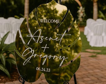 Plaque de bienvenue de table en feuille de Monstera, plaque de mariage tropical, plaque de bienvenue en feuille, décorations de signalisation pour le jour du mariage tropical, plage, littoral