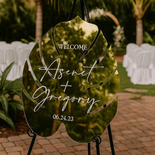 Monstera Leaf Table Welcome Sign, Tropical Wedding Sign, Leaf Welcome Sign, Tropical Wedding Day Signage Decorations , Beach , Coastal