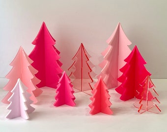 Pack of 9 Acrylic Trees | 3D Standing Tree Decorations | Modern Trees | Tree Decorations for Mantel | Colorful Trees | Valentine’s Day Decor