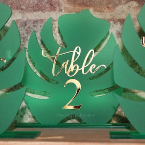 Monstera Leaf  Table Number • Tropical  Table Number • Hand Lettered Table Number • Leaf Table Number .• Tropical Wedding Decorations