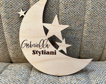 Sinal do anúncio do bebê da lua & das estrelas | Sinal personalizado com nome do bebê | Anúncio moderno do nascimento | Suporte para foto de recém-nascido | Anúncio de nascimento Boho