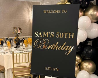 Panneau de bienvenue d'anniversaire. Décoration de fête. Acrylique 3D miroir doré. Panneau d'entrée. Signalisation des jalons 16e 18e 21e 30e 40e 50e 60e 70e