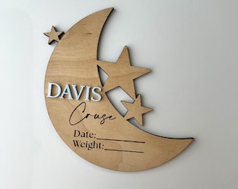 Placa de anúncio de bebê Moon & Stars | Placa de nome de bebê personalizada | Anúncio de nascimento moderno | Adereço para foto de recém-nascido | Anúncio de nascimento Boho