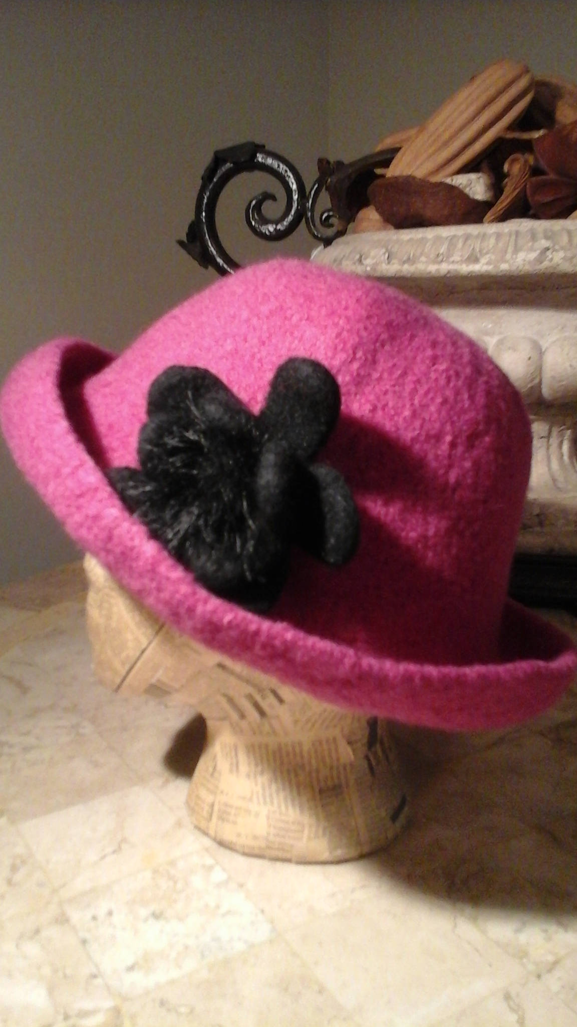Felted Wool Hat - Pink With Black Flower - Etsy display picture 2