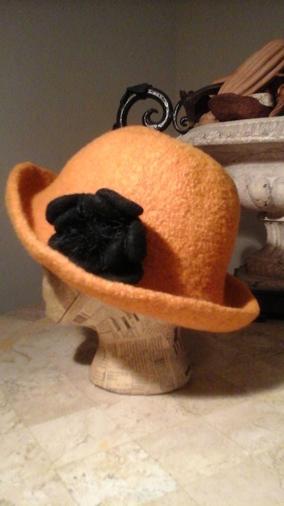 FELTED WOOL BLACK HAT LIGHTWEIGHT WITH BIG FLOWER Handmade Felted Wool Cloche Hat: Black Flower Accent, Winter  main image 4