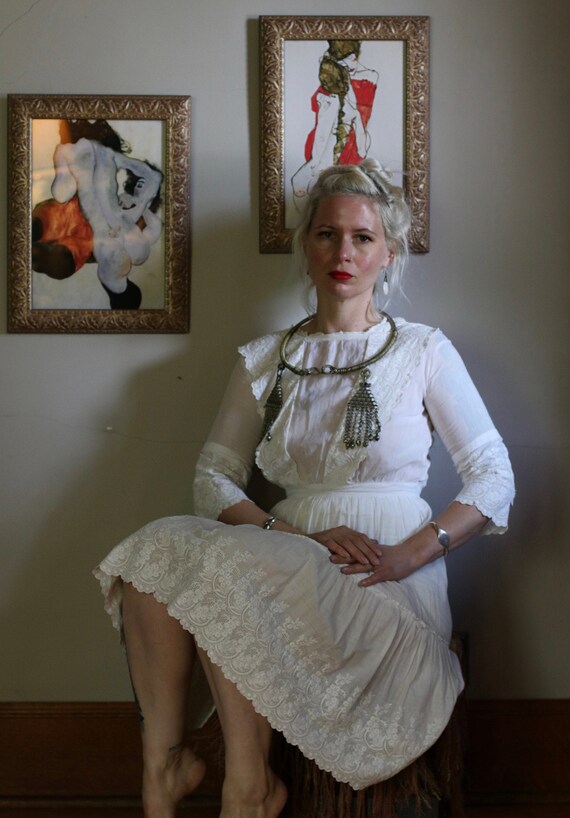 Antique Edwardian Ivory Sheer Lawn Dress w/ Embroi