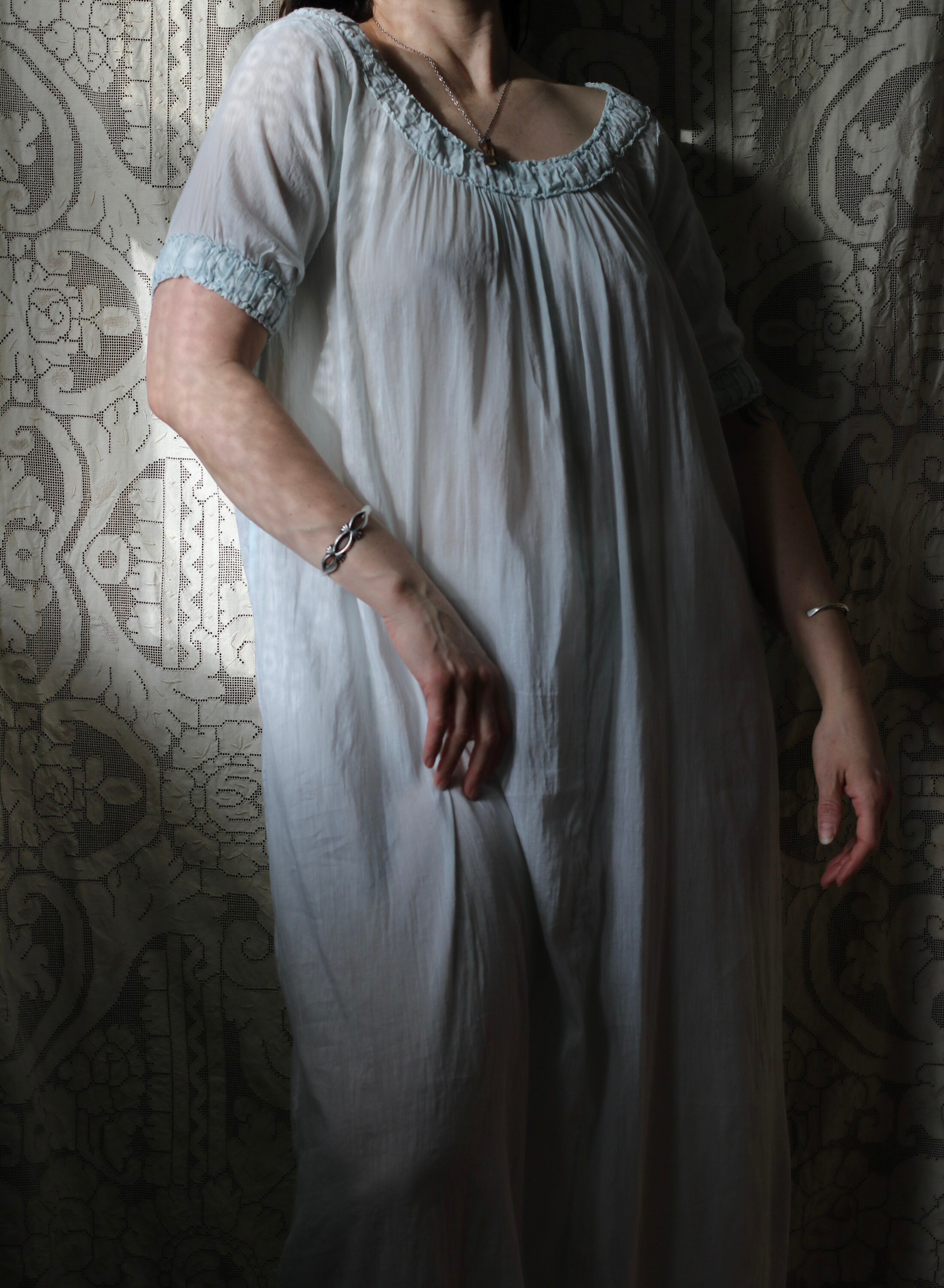ROGER'S RUN-PROOF 1950s vintage Nightgown: powder blue sheer Nylon Slip Dress with white embroidery