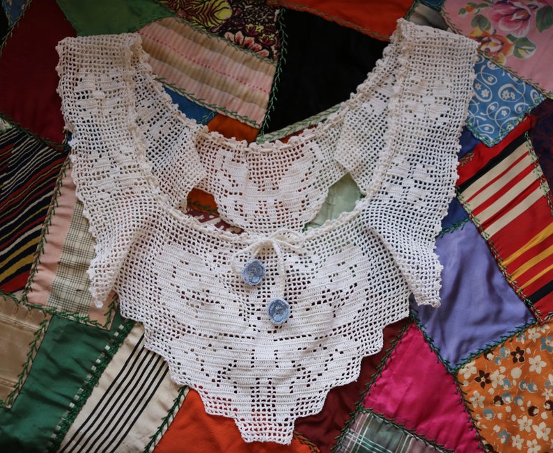 Antique Victorian Crochet Butterfly Collar w Blue Flower Drawstring