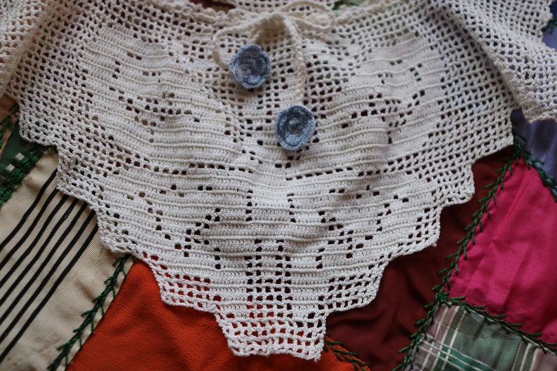 Antique Victorian Crochet Butterfly Collar w Blue Flower Drawstring