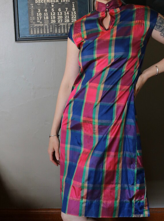 RARE Antique 1920s Candy Striped Plaid Silk Qipao