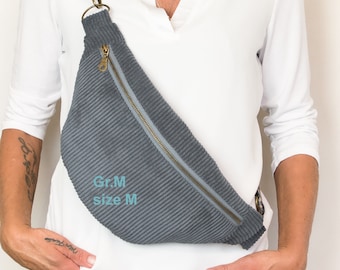 Corduroy fanny pack, blue-grey; steel-blue crossbody bag; blue hip bag