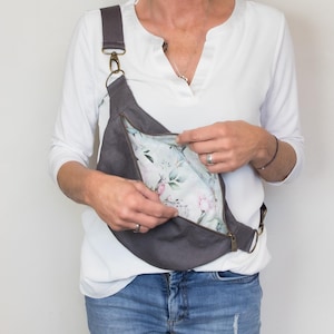 Bauchtasche Leinen, nachhaltige Gürteltasche grau lila, Crossbody Tasche aubergine, stylische Fanny Pack