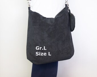 Corduroy bag anthracite, shopper corduroy, shoulder bag with zipper, dark grey, graphite