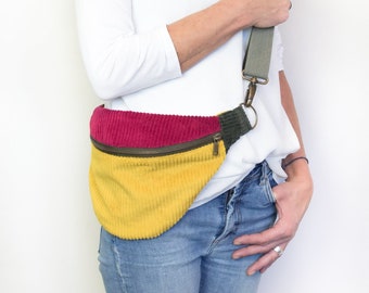 Corduroy belly bag, color blocking ocher, curry hip bag, stylish bum bag, mustard yellow crossbody bag