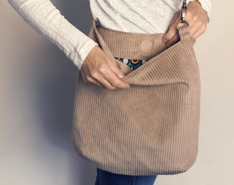 Corduroy bag taupe to wear over the shoulder, shopper corduroy, long handles, shoulder bag made of cotton corduroy
