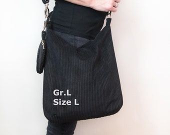 Black corduroy bag, corduroy shopper, shoulder bag with zipper, large shopping bag