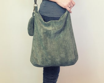 Corduroy bag forest green, shopper corduroy, corduroy bag with handle, olive shoulder bag with zipper