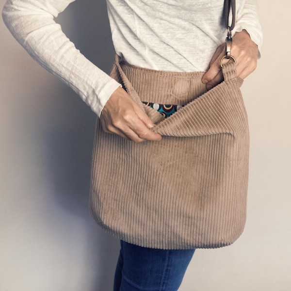 Cordtasche taupe zum Umhängen, Shopper Cord, lange Henkel, Umhängetasche aus Baumwollcord